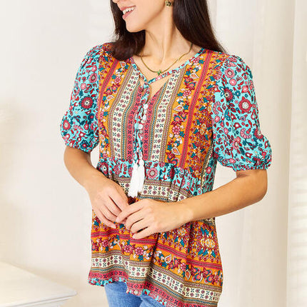 Double Take Bohemian Tassel Tie Puff Sleeve Babydoll Blouse - Vickie Lynn's