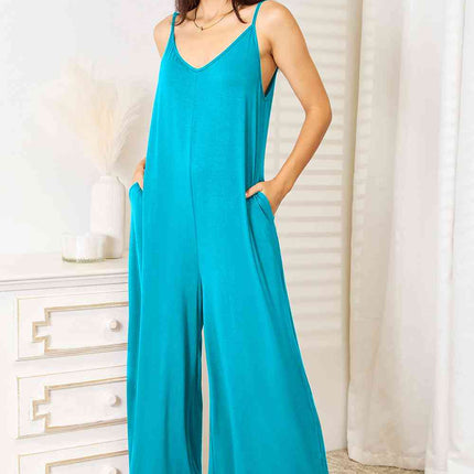 Double Take Full Size Soft Rayon Spaghetti Strap Tied Wide Leg Jumpsuit