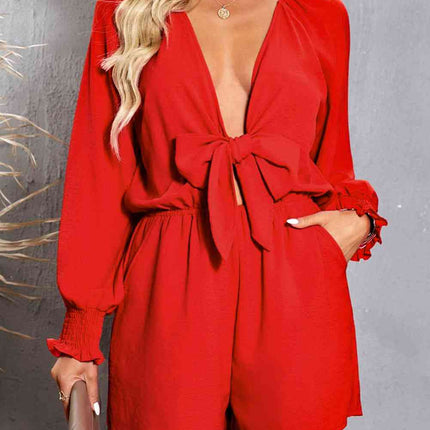 Tied Flounce Sleeve Plunge Romper