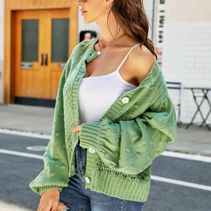 Woven Right Openwork Pompom Puff Sleeve Cardigan
