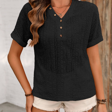 Eyelet V-Neck Short Sleeve Top