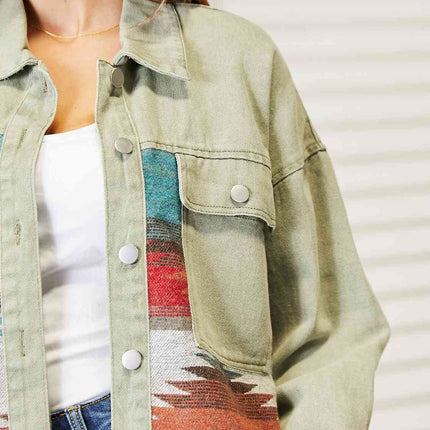 Dropped Shoulder Long Sleeve Printed Denim Jacket