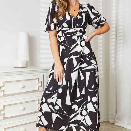 Double Take Printed Surplice Balloon Sleeve Dress - Vickie Lynn's