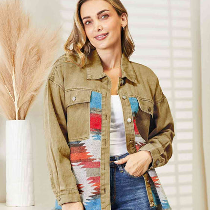 Dropped Shoulder Long Sleeve Printed Denim Jacket