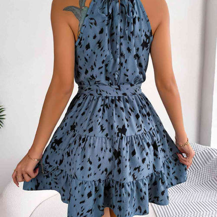 Halter Neck Printed Tie Waist Sleeveless Mini Dress - Vickie Lynn's