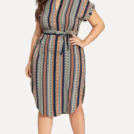 Women's Plus Size Striped V-Neck Short Sleeve Dress
