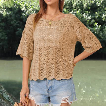 Openwork Round Neck Half Sleeve Knit Top
