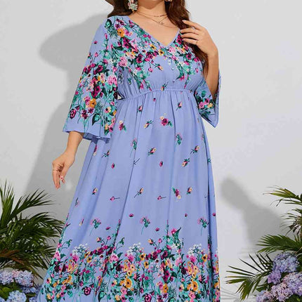 Plus Size Floral V-Neck Three-Quarter Sleeve Midi Dress