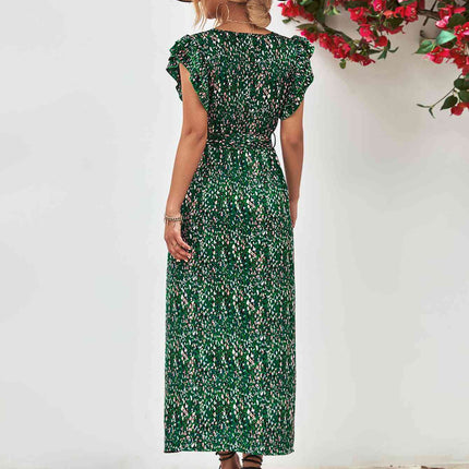 Printed Surplice Neck Flutter Sleeve Slit Dress