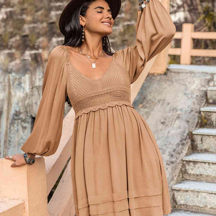 Crochet V-Neck Balloon Sleeve Dress
