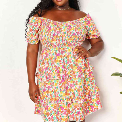 Double Take Smocked Sweetheart Neck Flounce Sleeve Mini Dress