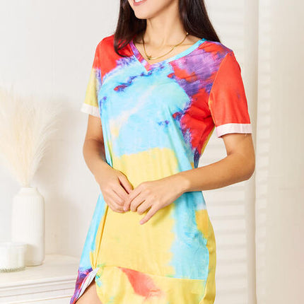Double Take Tie-Dye V-Neck Twisted Dress