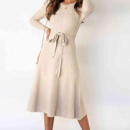 Round Neck Long Sleeve Tie Waist Sweater Dress