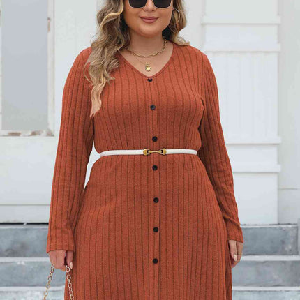 Plus Size Ribbed Buttoned V-Neck Long Sleeve Dress
