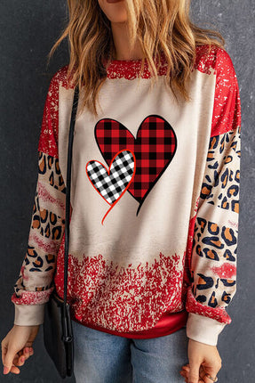 Heart Leopard Round Neck Sweatshirt - Vickie Lynn's