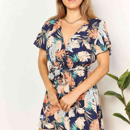Double Take Botanical Print Surplice Neck Tie Waist Romper