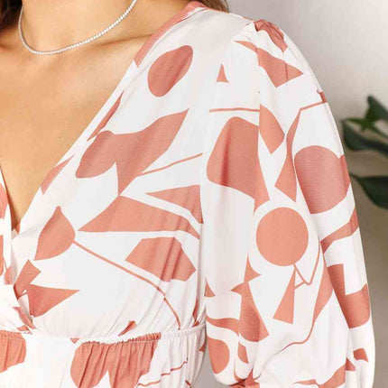 Double Take Printed Surplice Balloon Sleeve Dress - Vickie Lynn's