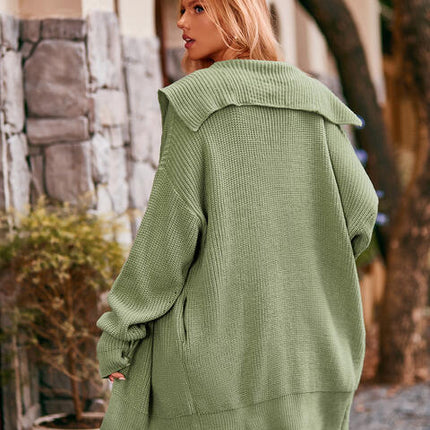 Collared Neck Button-Up Cardigan with Pockets