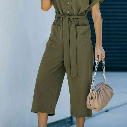 Tie-Waist Buttoned Cropped Jumpsuit
