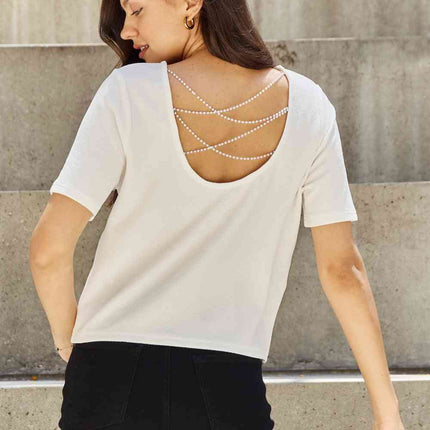 And The Why Pearly White Full Size Criss Cross Pearl Detail Open Back T-Shirt