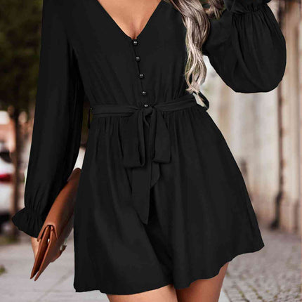 Long Flounce Sleeve V-Neck Romper