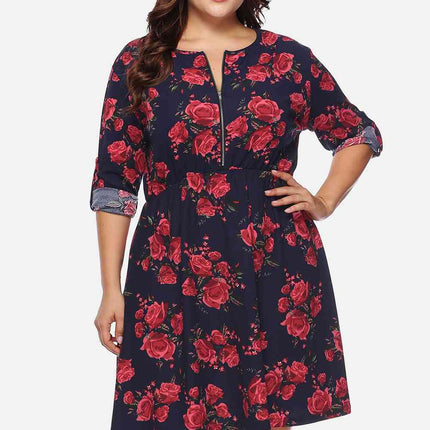 Plus Size Floral Print Half Zip Up Dress