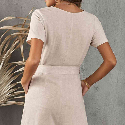 V-Neck Short Sleeve Tie Belt Romper with Pockets