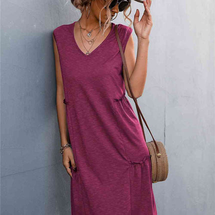 V-Neck Frill Trim Sleeveless Dress