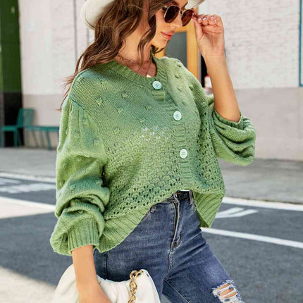 Woven Right Openwork Pompom Puff Sleeve Cardigan