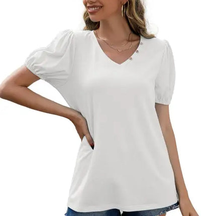 Women's Loose V-Neck Pullover Short Sleeve T-Shirt Solid Color Puff Sleeve Top