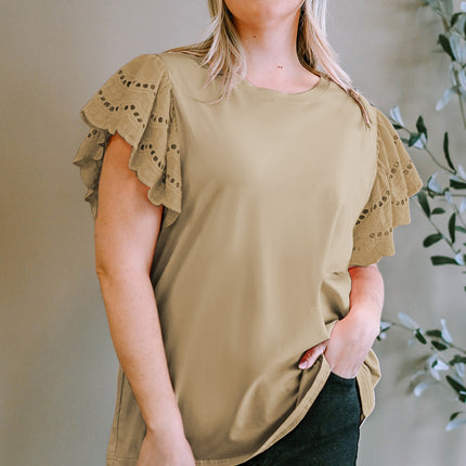 Plus Size Eyelet Round Neck Short Sleeve Blouse