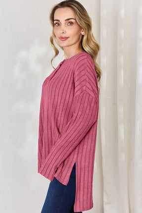 Basic Bae Full Size Ribbed Half Button Long Sleeve High-Low T-Shirt - Vickie Lynn's