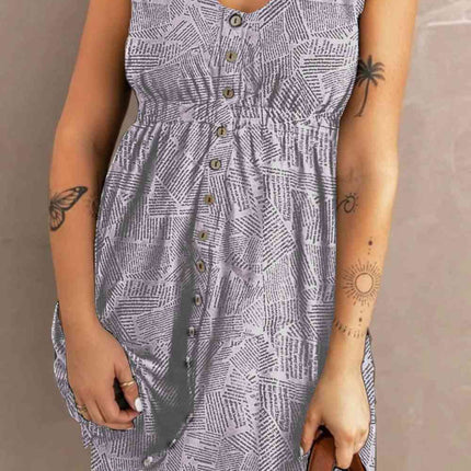 Double Take Printed Scoop Neck Sleeveless Buttoned Magic Dress with Pockets