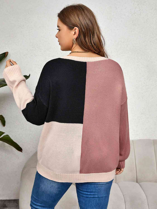 Plus Size Color Block Long Sleeve Sweater