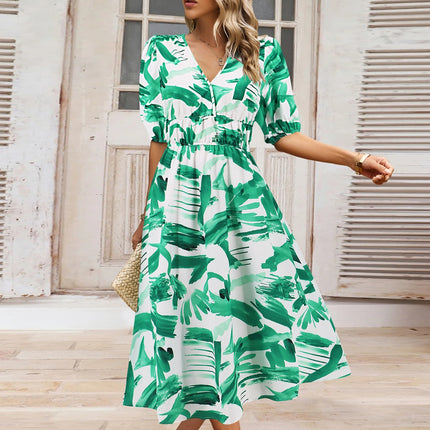 Ruched Printed Surplice Short Sleeve Dress