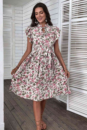 Floral Tie-Neck Flutter Sleeve Midi Dress