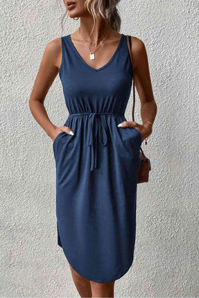 V-Neck Curved Hem Sleeveless Dress