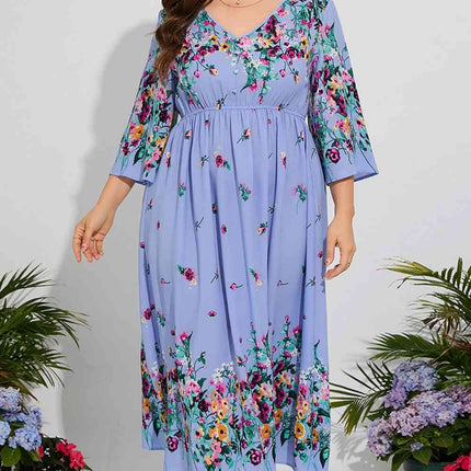 Plus Size Floral V-Neck Three-Quarter Sleeve Midi Dress