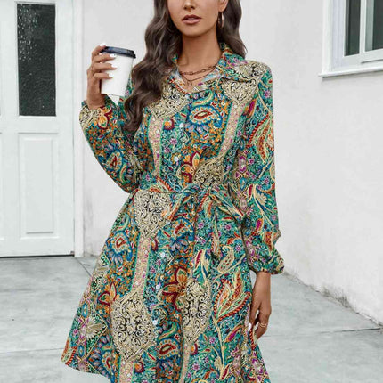 Printed Collared Neck Long Sleeve Dress