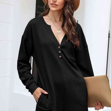 Notched Neck Long Sleeve Romper