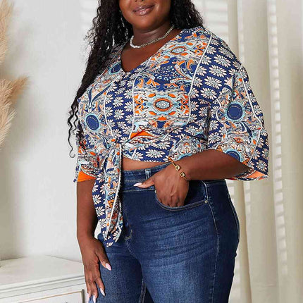 Double Take Tie Hem V-Neck Three-Quarter Sleeve Blouse - Vickie Lynn's