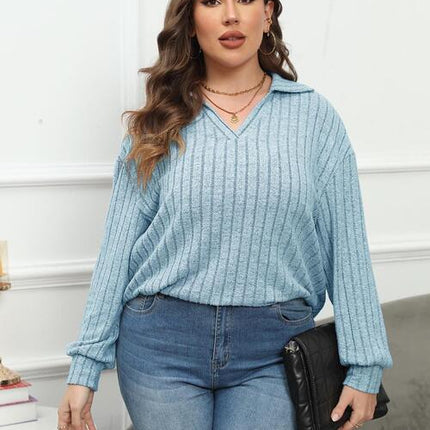 Plus Size Ribbed Collared Neck Long Sleeve Blouse