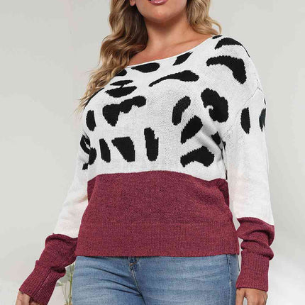 Plus Size Leopard Round Neck Long Sleeve Sweater