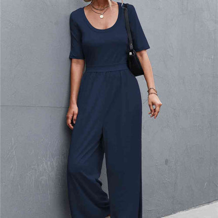 Scoop Neck Half Sleeve Wide Leg Jumpsuit
