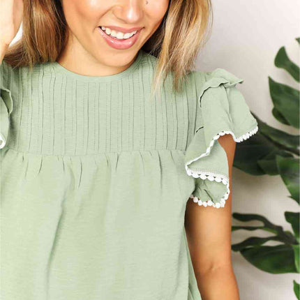 Double Take Pleated Detail Flutter Sleeve Blouse