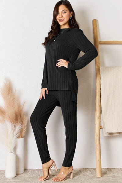 Basic Bae Full Size Ribbed Round Neck High-Low Slit Top and Pants Set - Vickie Lynn's