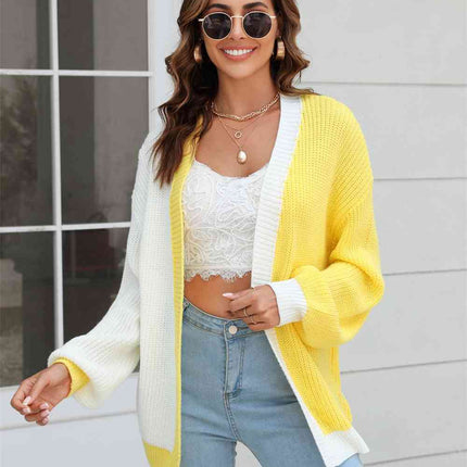 Open Front Contrast Color Balloon Sleeve Cardigan