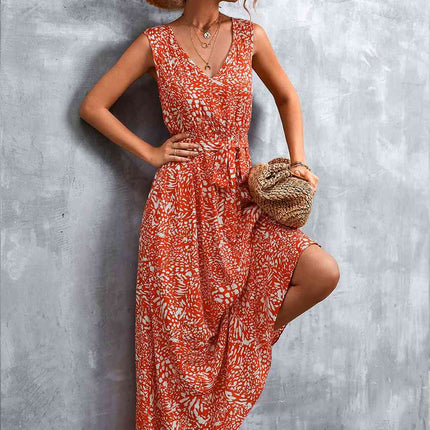 Printed V-Neck Tie Waist Maxi Dress
