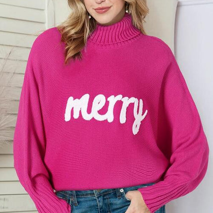 Merry Letter Embroidered High Neck Sweater - Vickie Lynn's