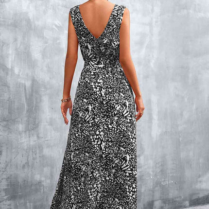 Printed V-Neck Tie Waist Maxi Dress